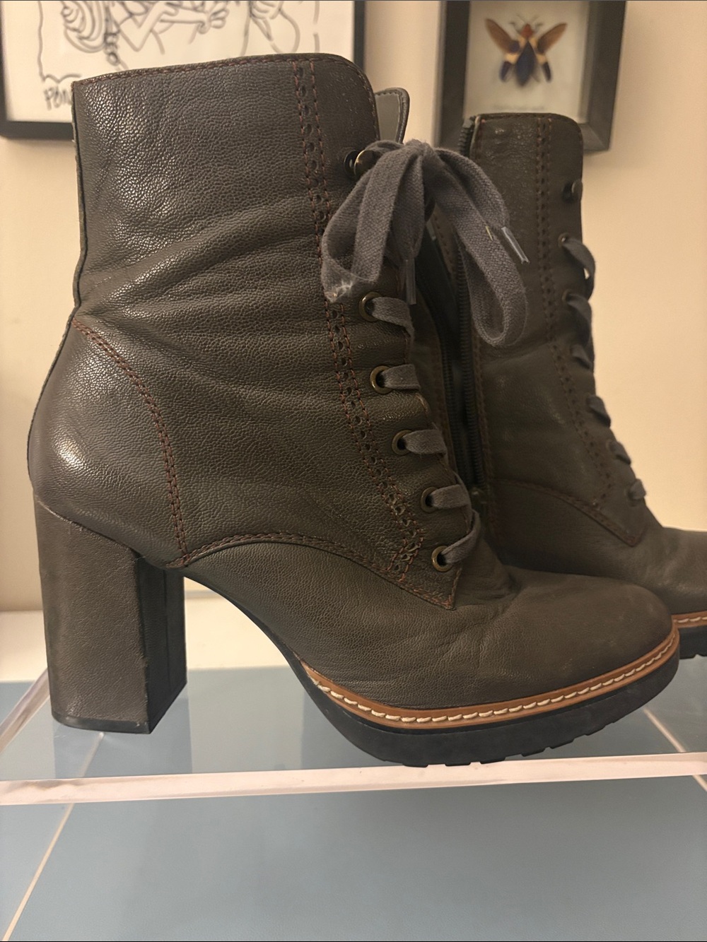 Women's Lace-Up High Heel Ankle Boots - Olive